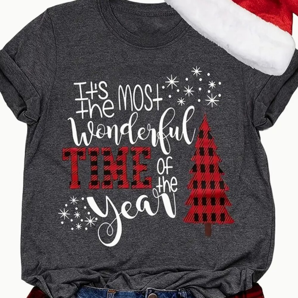 XXL Christmas Print Crew Neck T-Shirt, Casual Short Sleeve T-Shirt